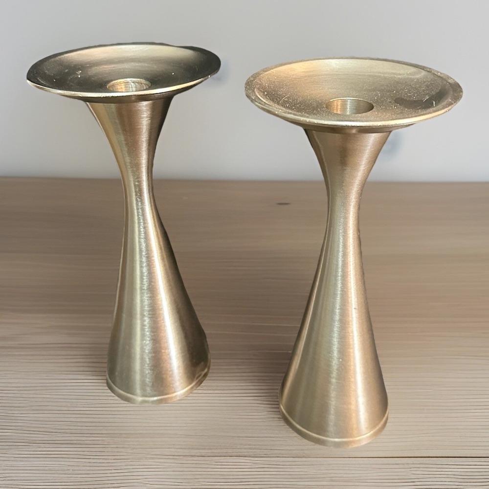 Pair Vintage MCM Candle Holders Brushed Silver‎ Matte Metal Finish 8"